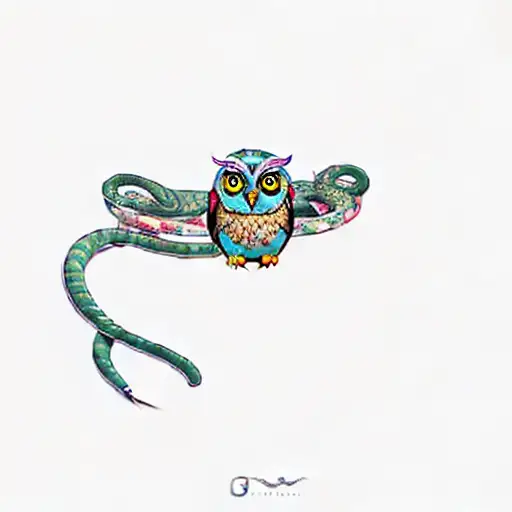 Owl With A Snake Wrapped Around And Flowers