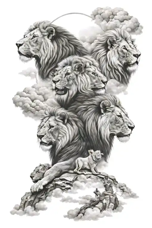 Pack Of Lions At The Top Of Heaven Gates Mountain And Clouds