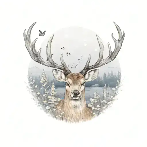 A Deer With A Butterfly On Its Nose In A Meadow At Night