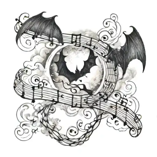 Cloudy Flames Music Note Intertwined Small Bats Flying Moonlit Scene