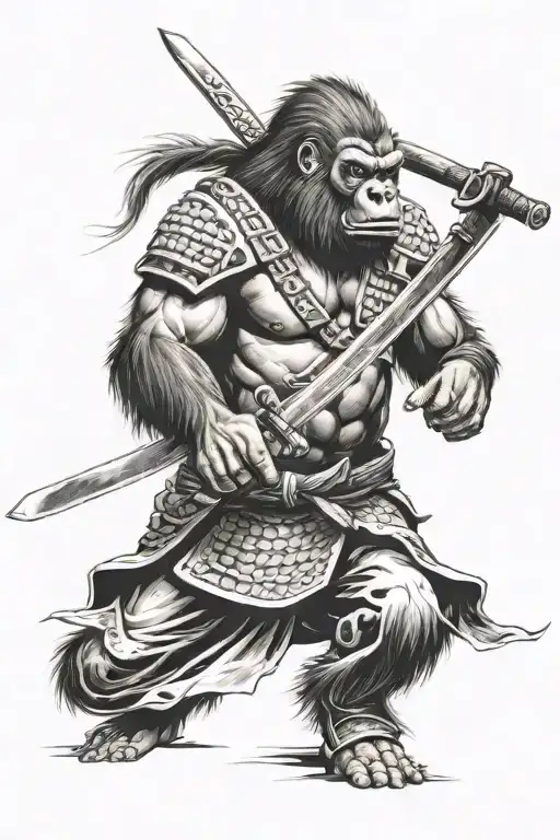 Samurai With A Gorilla Face Furious With Anger And Sword