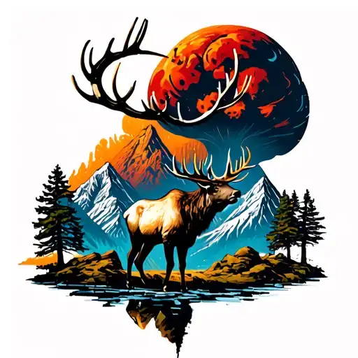 Elk With Rockey Mountains And Atomic Bomb Mushroom Cloud Background