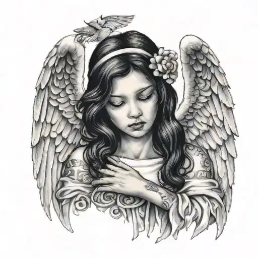 Beautiful Guardian Angel With Black Hair Tattoo Holding