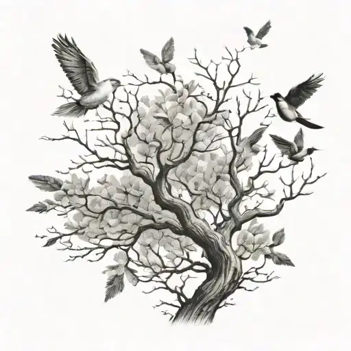 One Tree Branch With Birds Flying Away