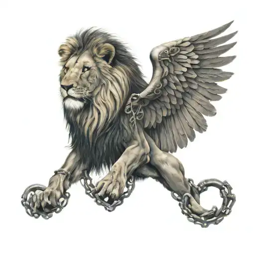 A Lion With Chains Wrapped Around It It Has Wings
