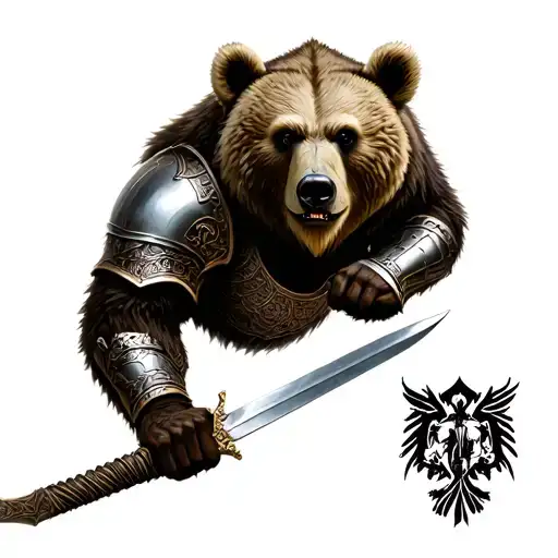 The Bear In Armor Holds The Sword With Two Hands Realism