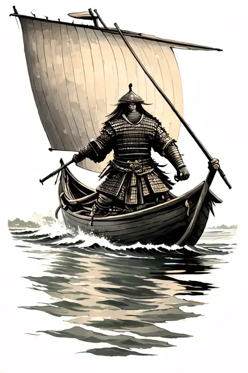 Samurai Sails On A Boat From The Shore