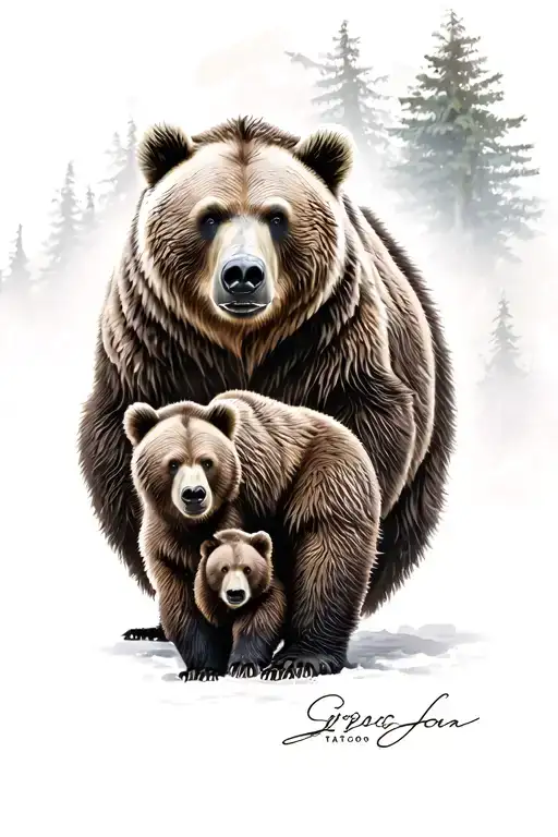Ferocious Grizzly Bear With Momma Bear And Cub