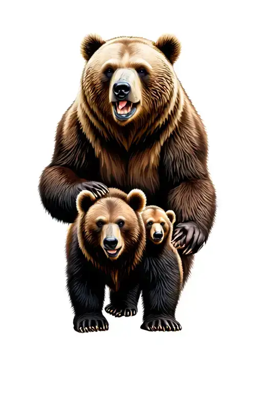 Ferocious Grizzly Bear With Momma Bear And Cub Surrounded