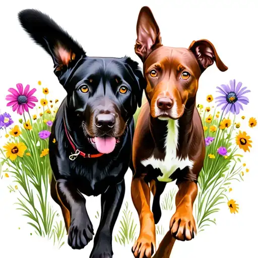 A Female Black Lab And A Female Brown Cur Walking Together Through A Flower Field