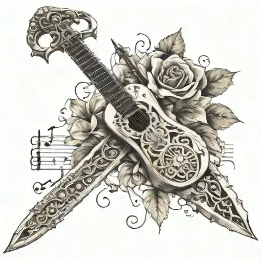 Warrior Sword With Dreamy Flower Surrounded My Music Notes