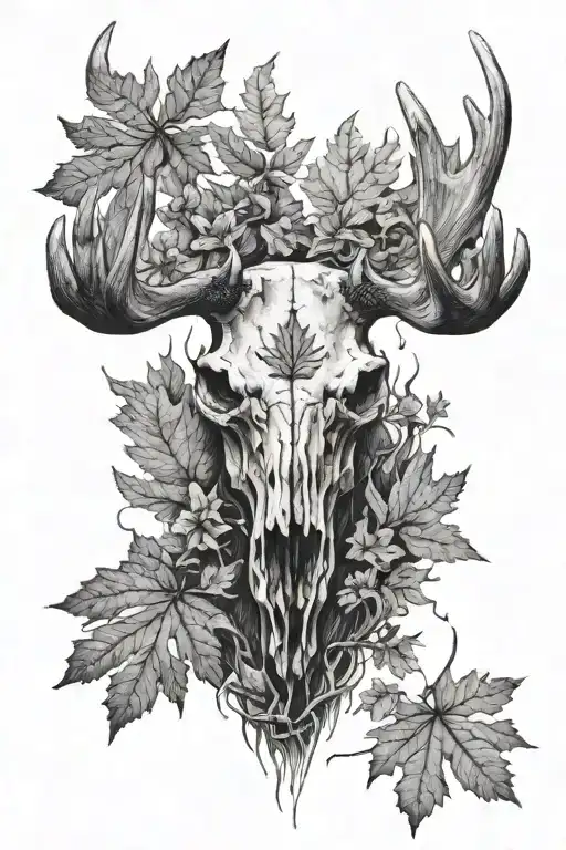 Moose Skull With Maple Leafs Growing Black And White