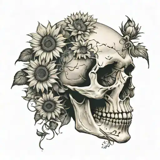 Side Profile Of Human Skull With Sunflowers Growing Out Of The Top