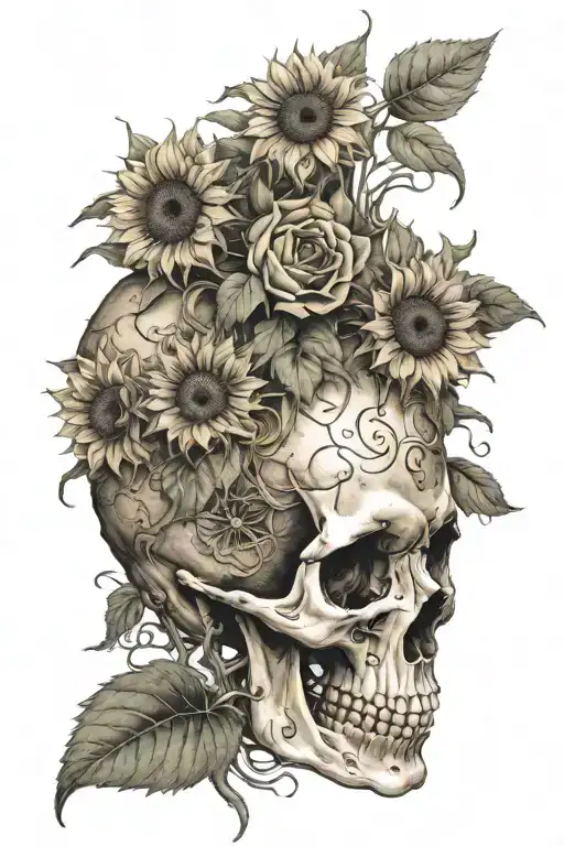 Side Profile Of Skull With Sunflowers Growing Out Of The Top Of The Skull