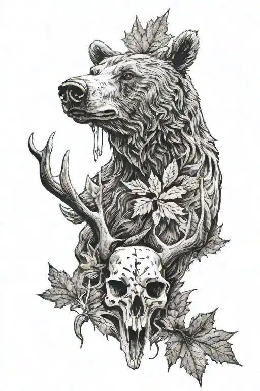 Grizzly Bear With Moose Skull And Maple Leaf