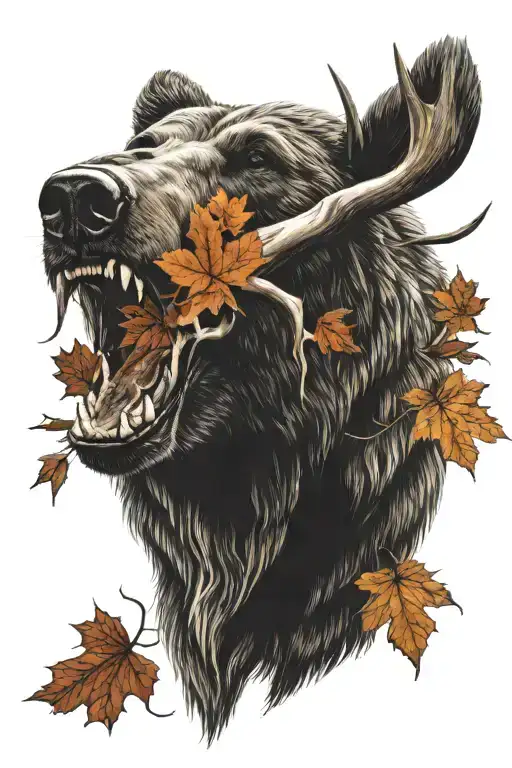 Grizzly Bear With Moose Skull And Maple Leaf