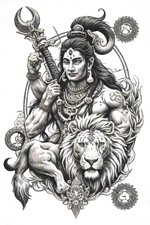 Lord Shiva And Lion With Indian Mythology Symbols Incorporated