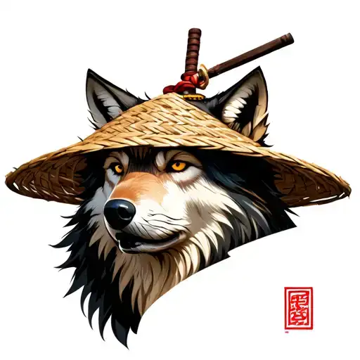 Wolf Head Wearing Straw Samurai Hat