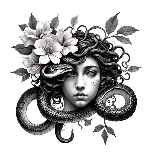 Medusa Gargon And Zodiac Sign Libra With A Snake And Flowers