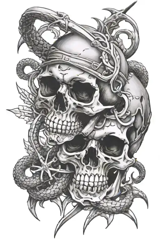 Skull With Sword Piercing With Scorpion On Top And Snake Below