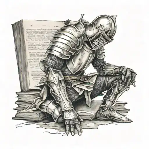 Knight Kneeling Holding Open Book Surrounded