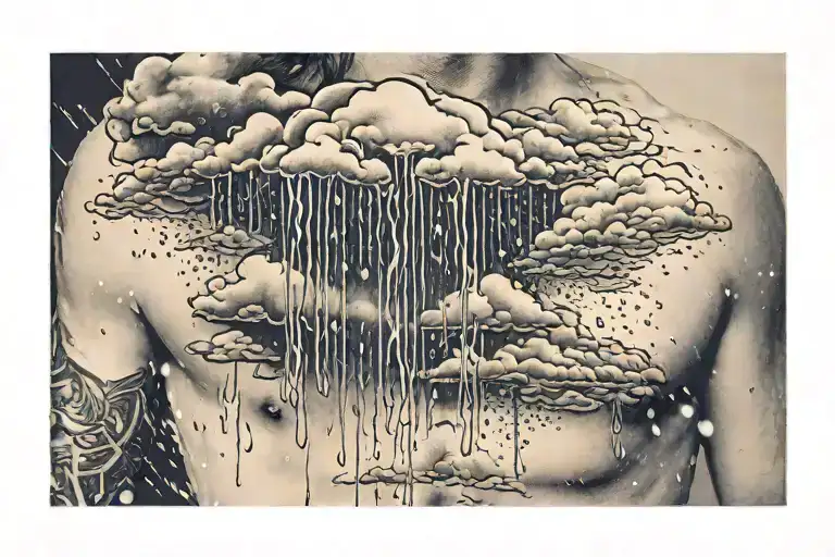 Rain Falling From The Cloud Tattoo Covering The Left Chest And Shoulder