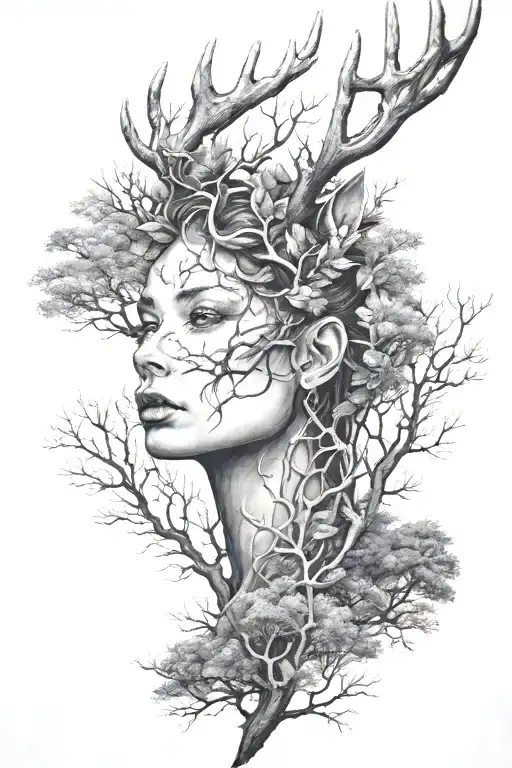 Women Face Wearing Deer Head With Trees
