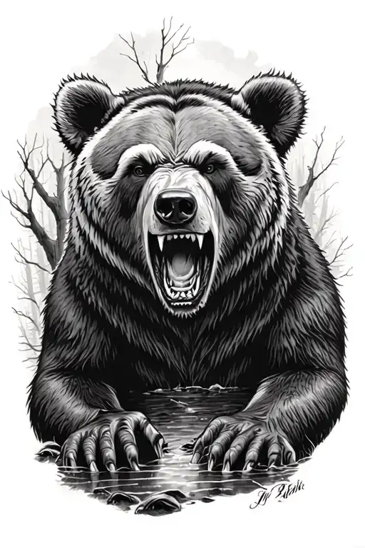 Angry Bear In Woods Surrounded