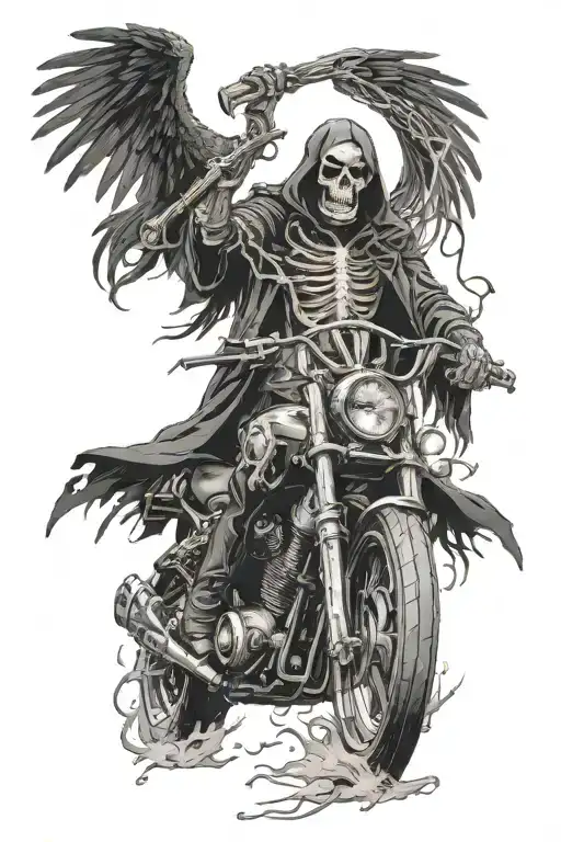 Full Body Grim Reaper Holding Scythe In The Ghost Rider Style With A Dodge Charger Car And Crows