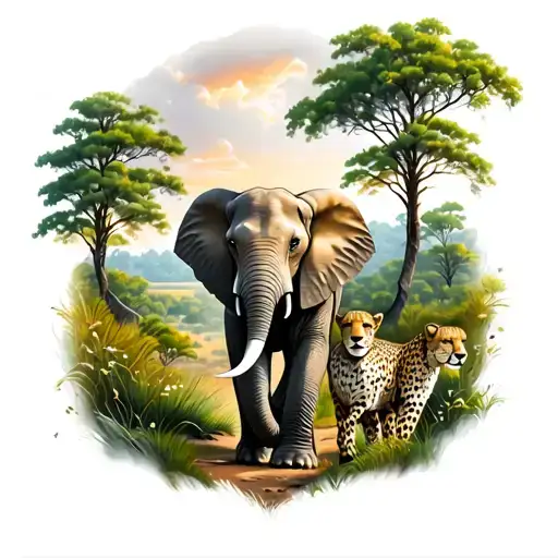 Elephant And Cheetah Walking Surrounded By Nature Scene