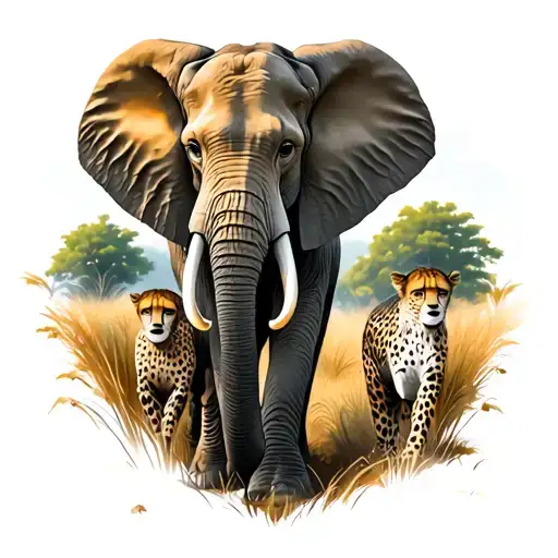 Elephant And Cheetah Walking Surrounded By Nature Scene