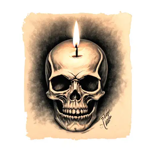 Skull Lightened By A Candle Burning