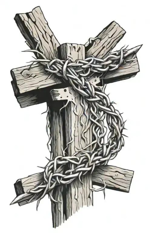 Crown Of Thorns On Neck Of Wooden Cross