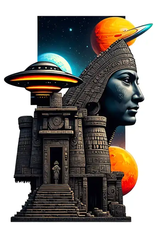 Aztec Structure With Ufos And Planets