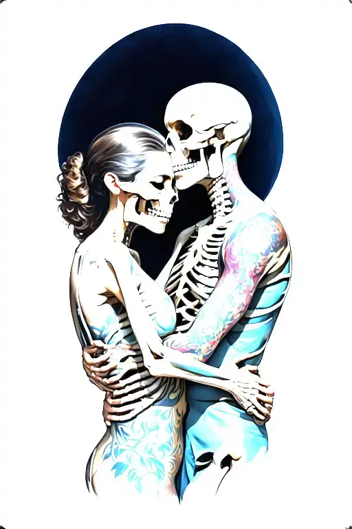 Man Embracing Skeletal Woman Dressed