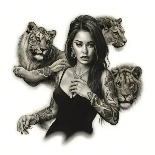 Chicano Girl With Lions In A Casino Chips Scattered