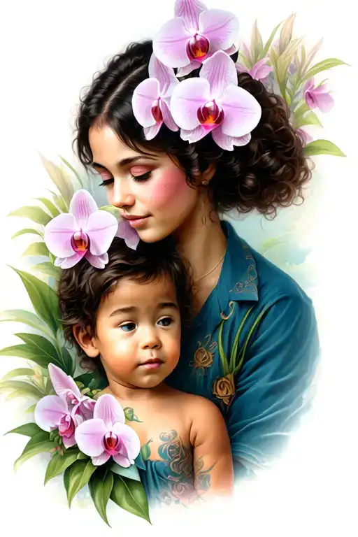 Mother And Son With Orchids Surrounding Them