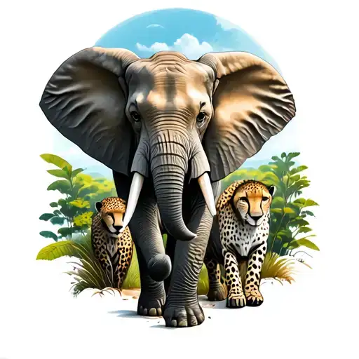 Elephant And Cheetah Walking Surrounded By Nature Scene