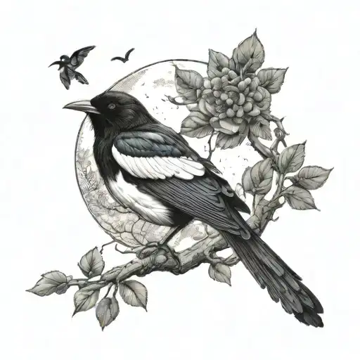 Magpie Bird In Tree With Half Moon