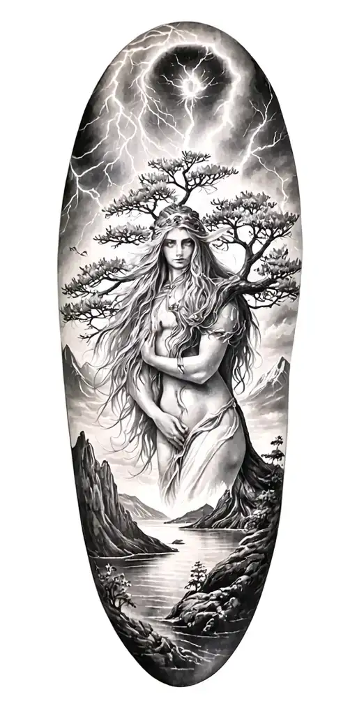 Freya Goddes Of Love Groving In Tree And Lightining Storm And Fjord And Nature