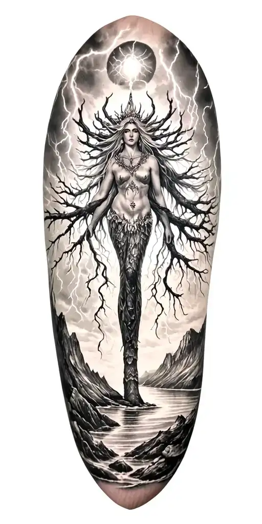 Freya Goddes Of Love Groving In Tree And Lightining Storm And Fjord And Nature