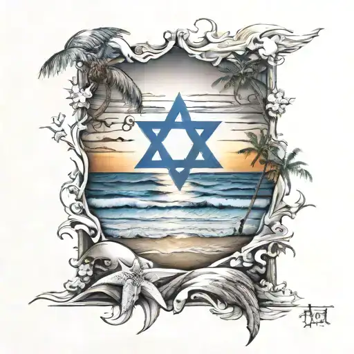 Sunset On A Beach Inside An Israeli Flag