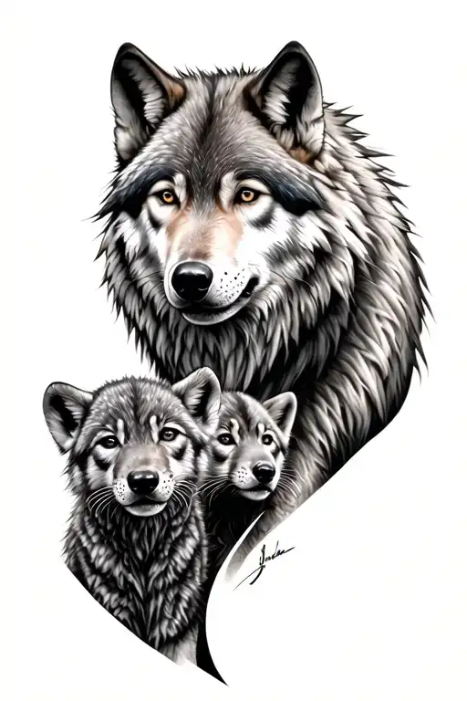 Fierce Wolf With Cubs