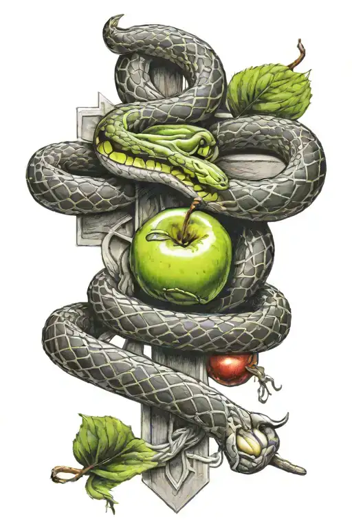 Snake Around A Cross With An Apple In His Mouth Open