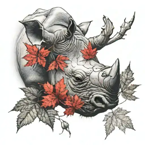 Black Rhino Head With Red Maple Leafs Surrounding It