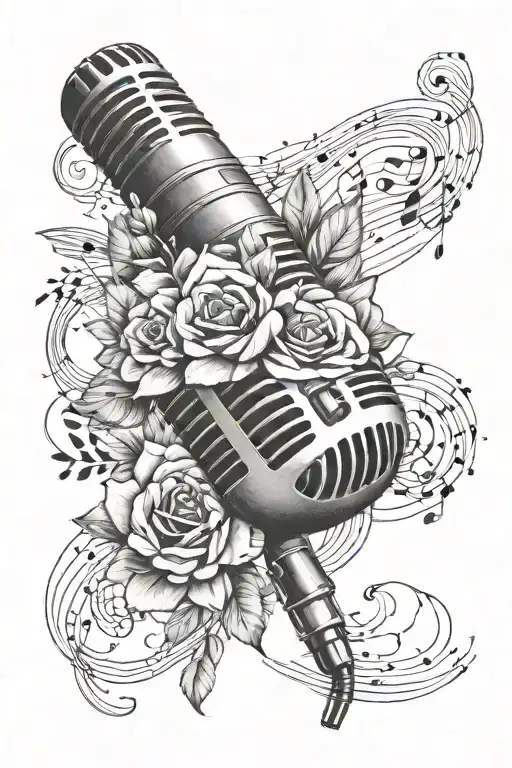 Microphone Intertwined With Flowers And Music Notes