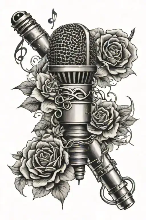 Microphone Intertwined With Flowers And Music Notes