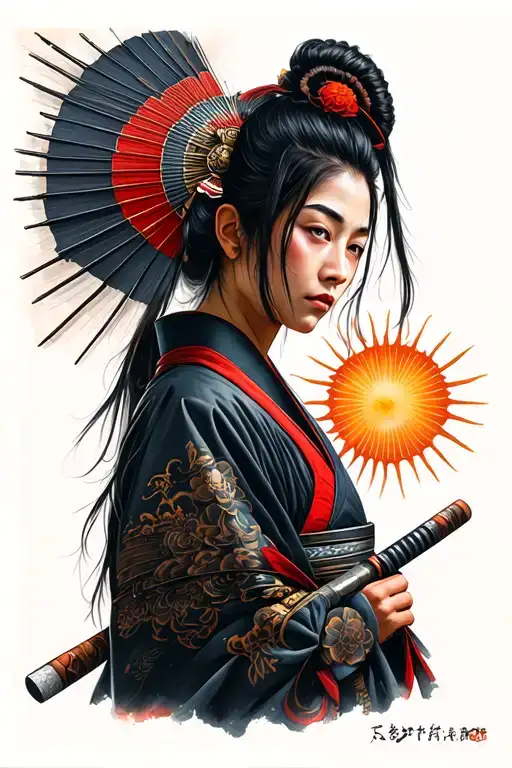 A Japanese Samurai Woman With Sun