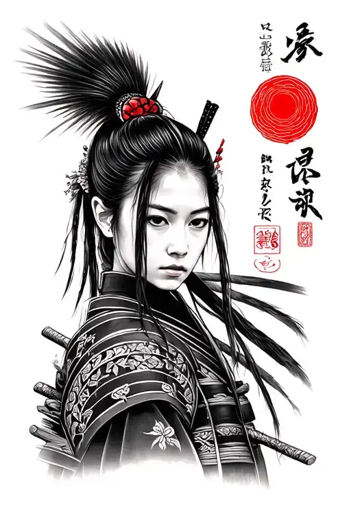 A Japanese Samurai Woman With Black And White Sun