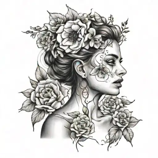 Female Face With Flowers Surrounding